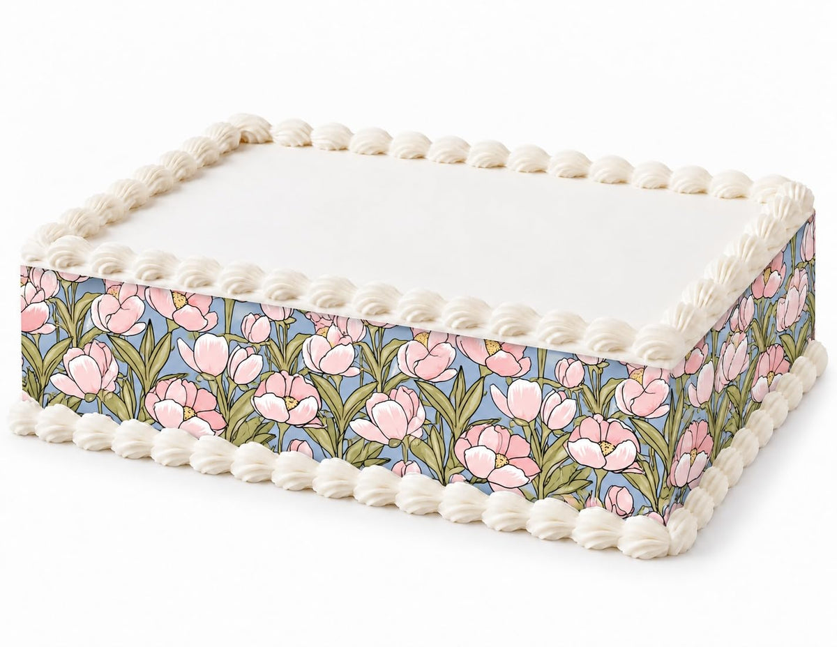Pale Pink Flowers and Olive Leaves on Blue Pattern Edible Image Cake Border Strips, by Party Poppin Cake Toppin. (1 Count)