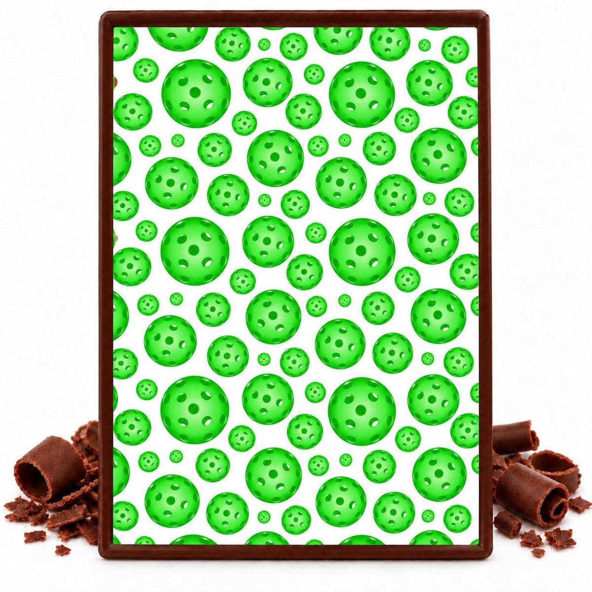 Bright Green Pickleballs Pattern Edible Chocolate Transfer Sheet, by Party Poppin Cake Toppin. (1 Count)