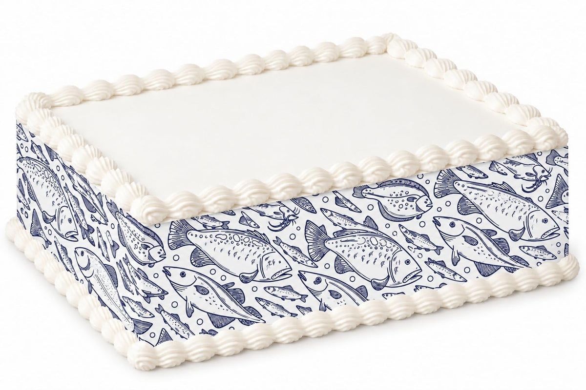 Hand Drawn Fish Pattern Edible Image Cake Border Strips, by Party Poppin Cake Toppin. (1 Count)