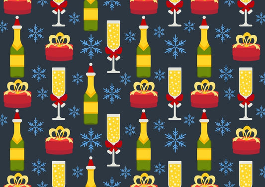 New Years Eve Celebration Champagne, Glasses, Snowflakes & Presents Pattern Edible Image Photo Cake Topper For Quarter Sheet Cake
