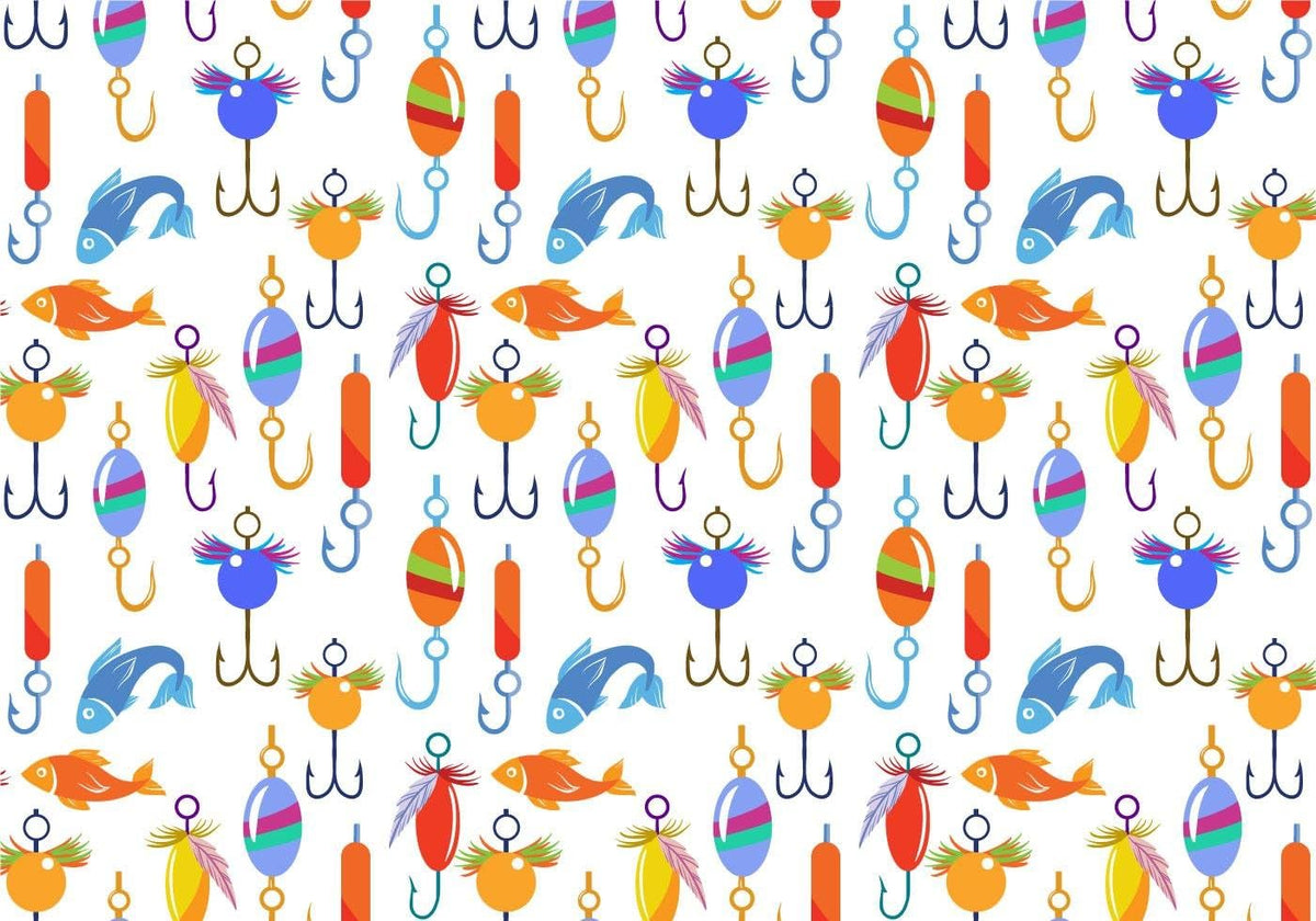 Colorful Fishing Lures and Hooks Pattern Edible Chocolate Transfer Sheet, by Party Poppin Cake Toppin. (1 Count)