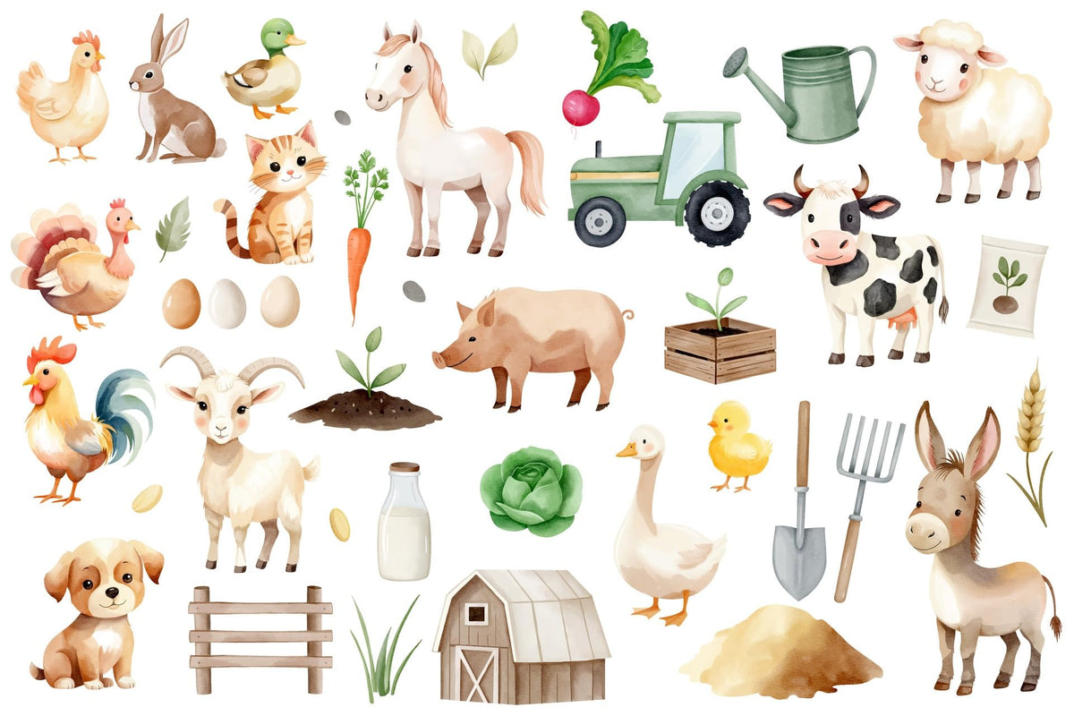 Watercolor Farm Animals, Tractor and Garden Pattern Edible Image Cake Border Strips, by Party Poppin Cake Toppin. (1 Count)