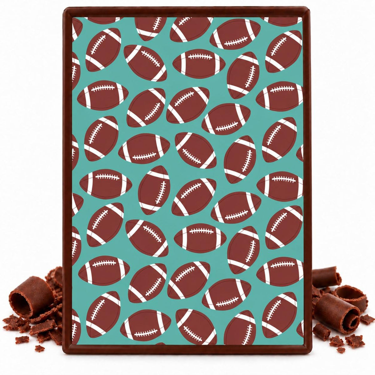American Footballs on Green Pattern Edible Chocolate Transfer Sheet, by Party Poppin Cake Toppin. (1 Count)