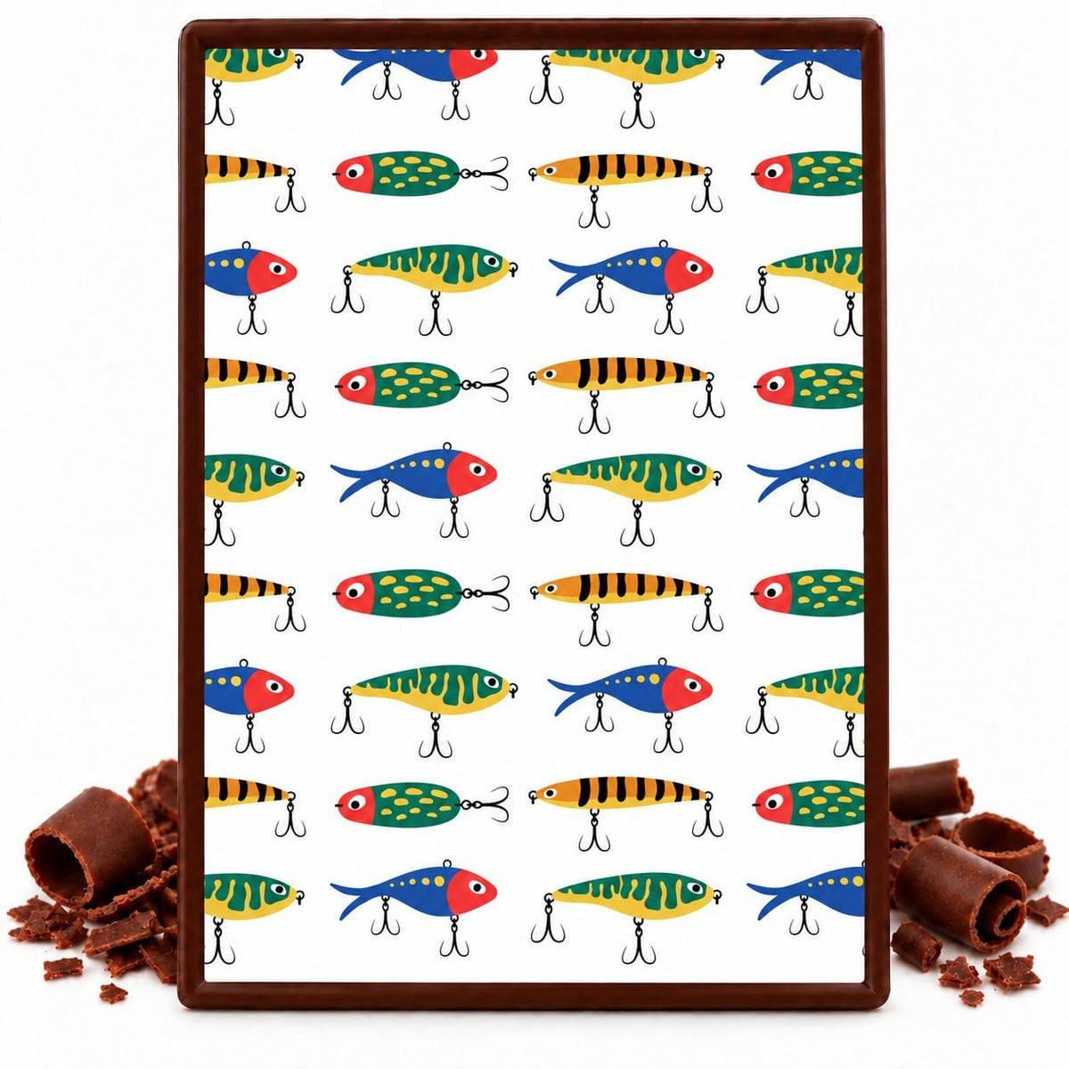 Colorful Fishing Lures on White Pattern Edible Chocolate Transfer Sheet, by Party Poppin Cake Toppin. (1 Count)
