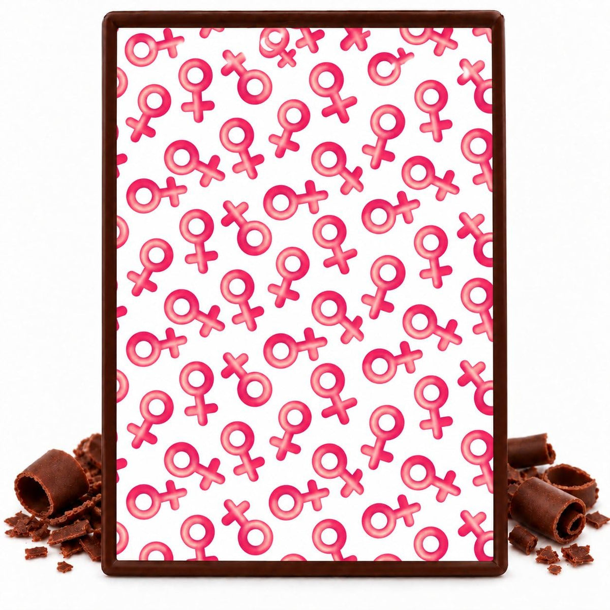 Pink Female Symbols Pattern Edible Chocolate Transfer Sheet, by Party Poppin Cake Toppin. (1 Count)