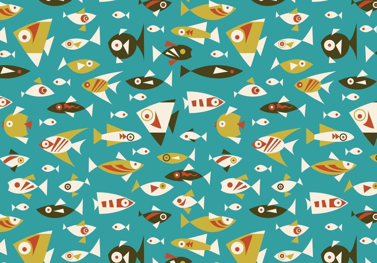 Colorful Retro Fish on Teal Pattern Edible Chocolate Transfer Sheet, by Party Poppin Cake Toppin. (1 Count)