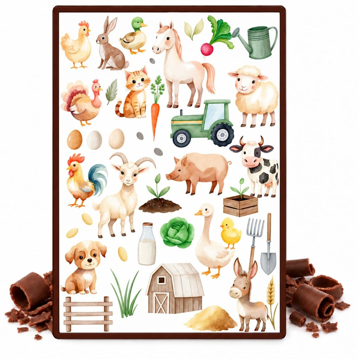 Watercolor Farm Animals, Tractor and Garden Pattern Edible Chocolate Transfer Sheet, by Party Poppin Cake Toppin. (1 Count)