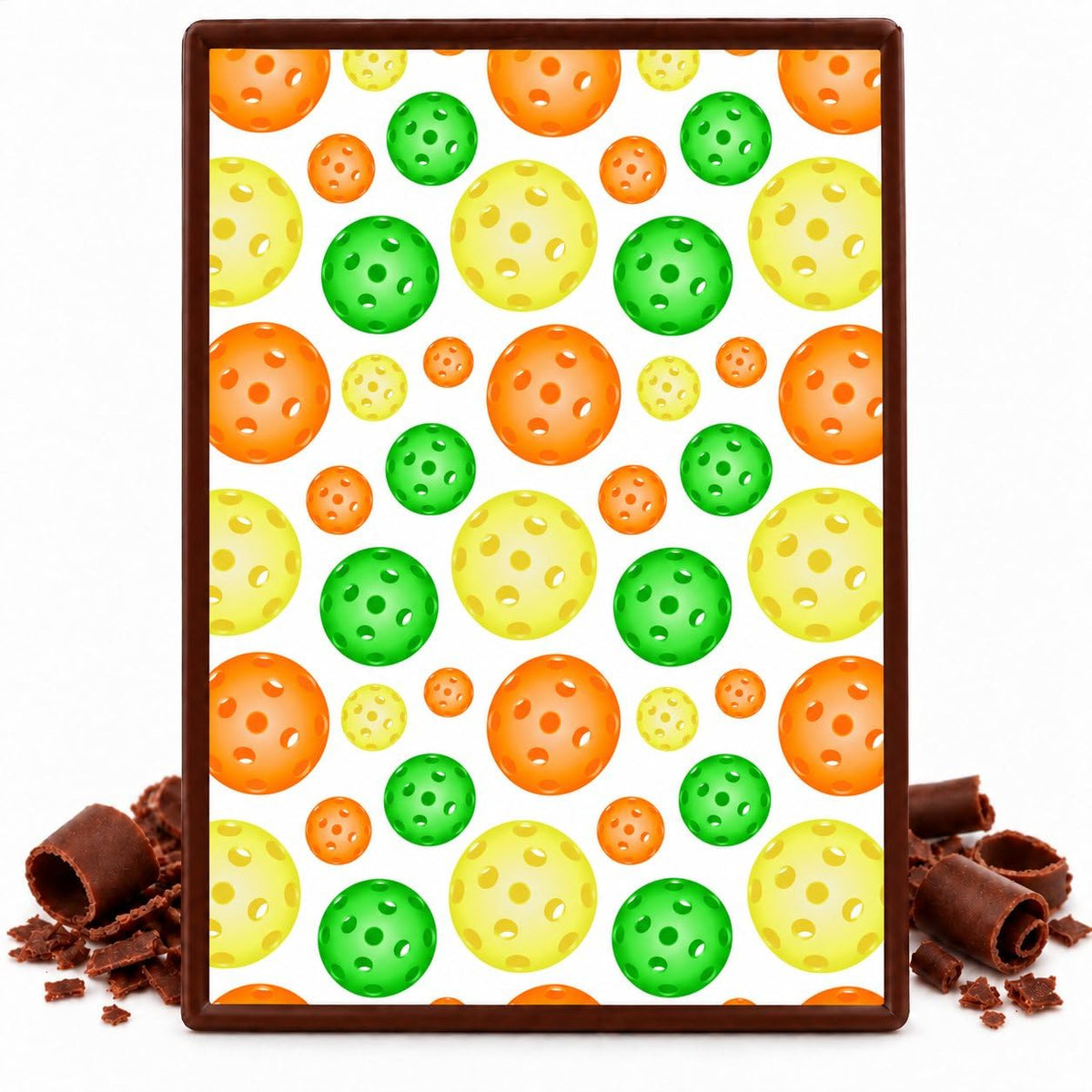 Yellow Green and Orange Pickleballs Pattern Edible Chocolate Transfer Sheet, by Party Poppin Cake Toppin. (1 Count)