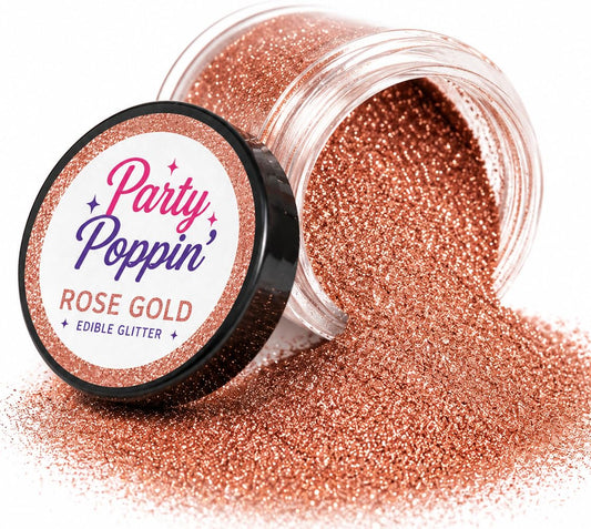 Party Poppin Cake Toppin Peachy Rose Gold Edible Glitter – Food Grade Edible Glitter for Cakes, Cupcakes & Drinks – Peachy Rose Gold – 5 Gram Pot with Tear Drop Lid
