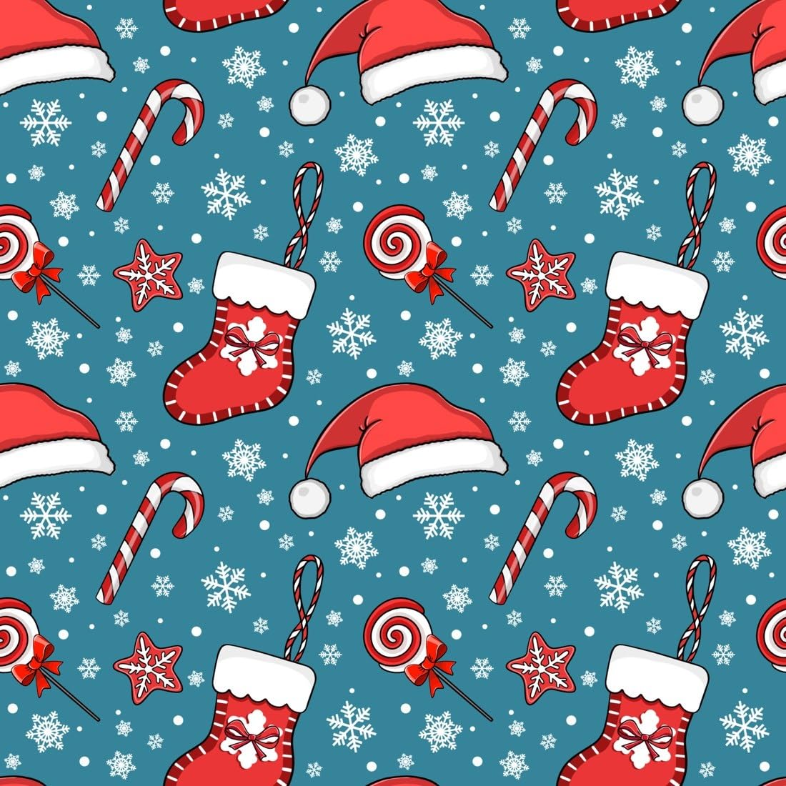 Candy Canes Santa Hats and Snowflakes on Blue Edible Cocoa Butter Transfer Sheet for Chocolate Treats, 1 Count