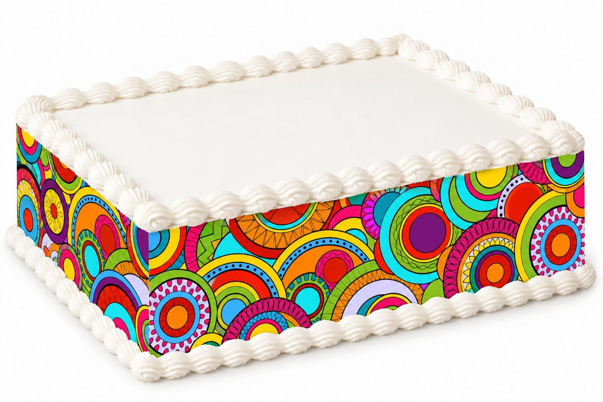 Rainbow Retro Circles Pattern Edible Image Cake Border Strips, by Party Poppin Cake Toppin. (1 Count)