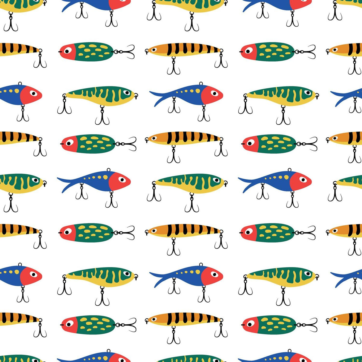 Colorful Fishing Lures on White Pattern Edible Image Cake Border Strips, by Party Poppin Cake Toppin. (1 Count)