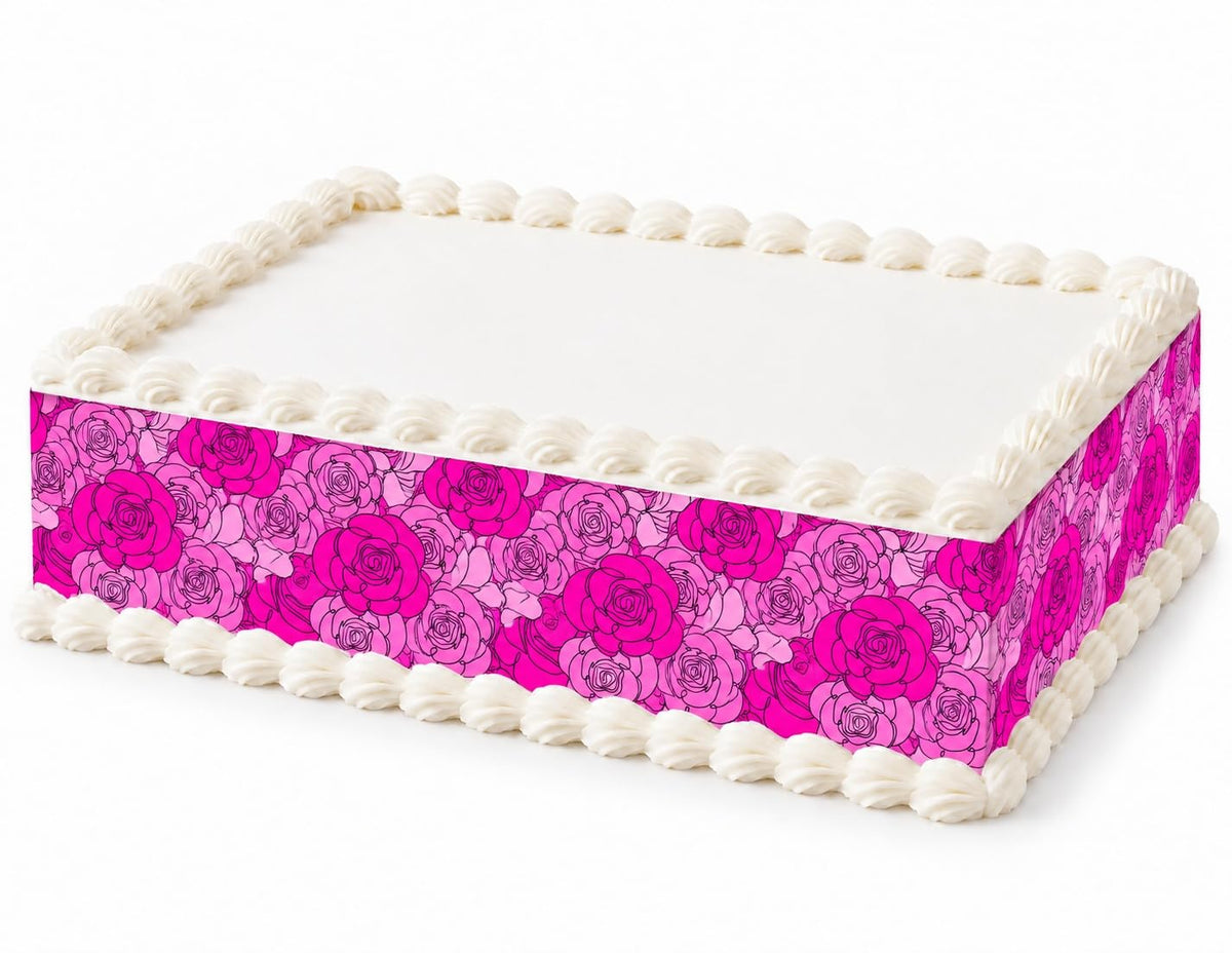 Hot Pink and Pale Pink Line Art Roses Pattern Edible Image Cake Border Strips, by Party Poppin Cake Toppin. (1 Count)