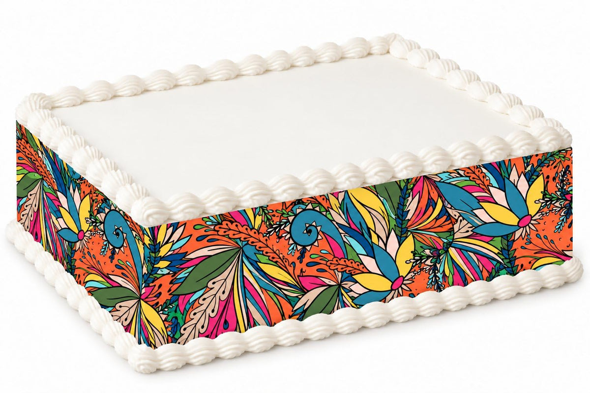 Bright Tropical Flowers and Leaves Pattern Edible Image Cake Border Strips, by Party Poppin Cake Toppin. (1 Count)