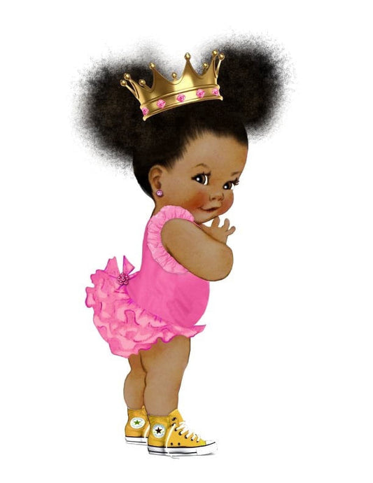 Afro Puff Pink Ruffle Bottom Gold Crown Princess Edible Icing Image Cake Topper, by Tnct.