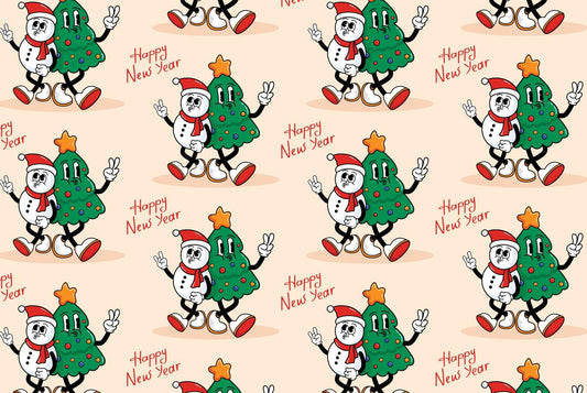 Happy New Year Snowman & Christmas Tree Celebration Pattern Edible Image Photo Cake Topper For Quarter Sheet Cake