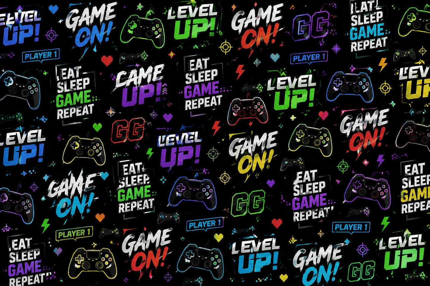 Eat, Sleep, Game, Repeat Level Up Gamer Pattern On Edible Image Chocolate Transfer Sheet. Apply To Your Custom Chocolate Treats
