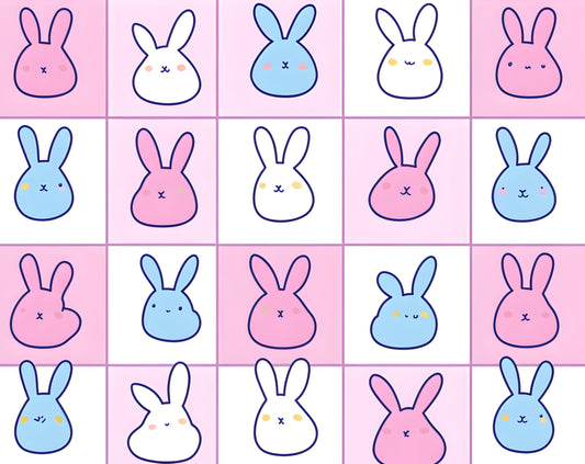 Happy Easter Pink, White & Blue Bunny Checkered Pattern On Edible Image Chocolate Transfer Sheet. Apply To Your Custom Chocolate Treats
