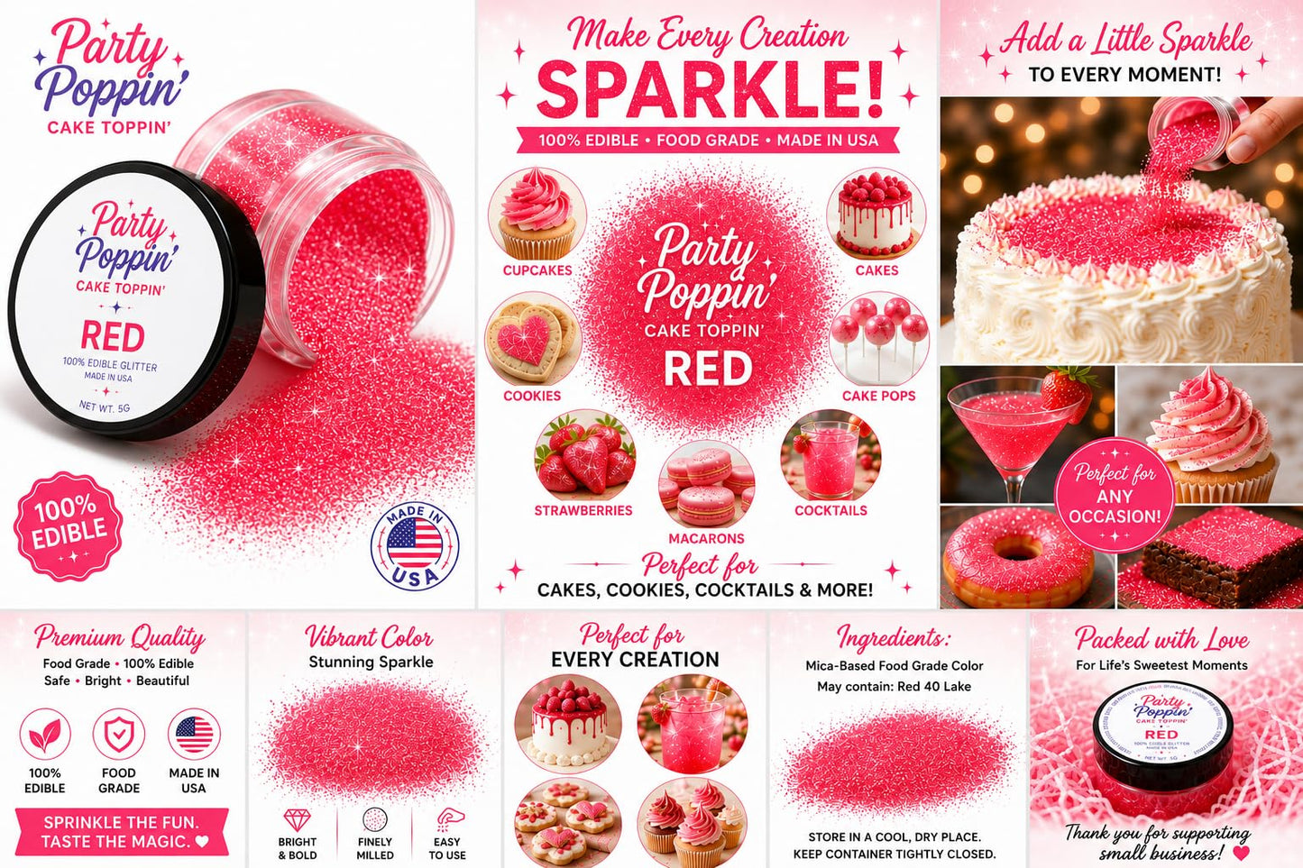 Party Poppin Cake Toppin Coral Red Edible Glitter – Food Grade Edible Glitter for Cakes, Cupcakes & Drinks – Coral Red – 5 Gram Pot with Tear Drop Lid