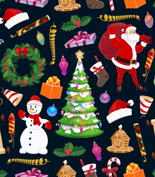 Holiday Christmas Stocking, Tree, Ornament, Presents, Snowman, Santa Pattern Edible Image Photo Cake Topper For Quarter Sheet Cake