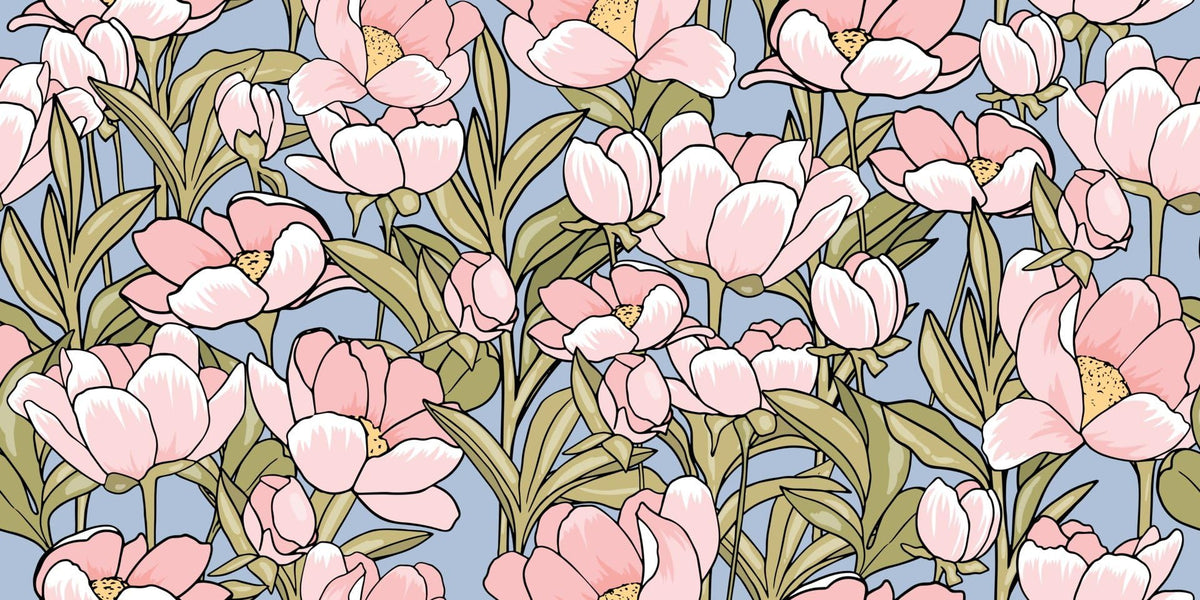 Pale Pink Flowers and Olive Leaves on Blue Pattern Edible Image Cake Border Strips, by Party Poppin Cake Toppin. (1 Count)
