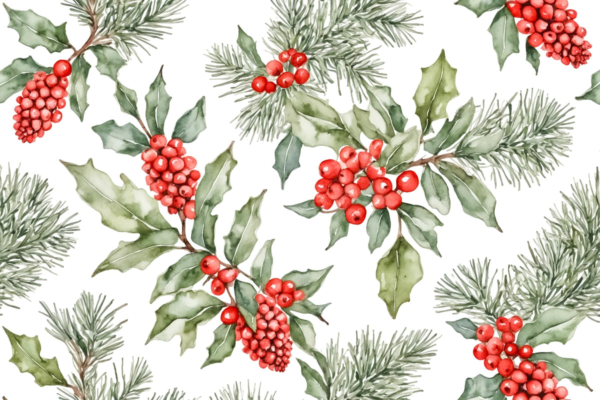 Watercolor Holly Christmas Pattern On Edible Image Chocolate Transfer Sheet. Apply To Your Custom Chocolate Treats