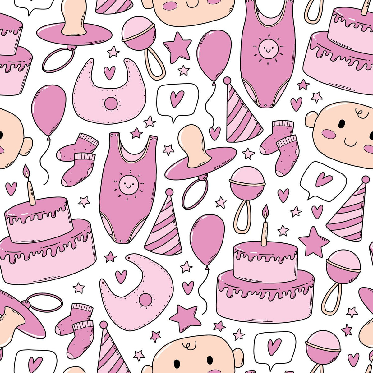 Pink Baby Shower Doodle Pattern Edible Image Cake Border Strips, by Party Poppin Cake Toppin. (1 Count)