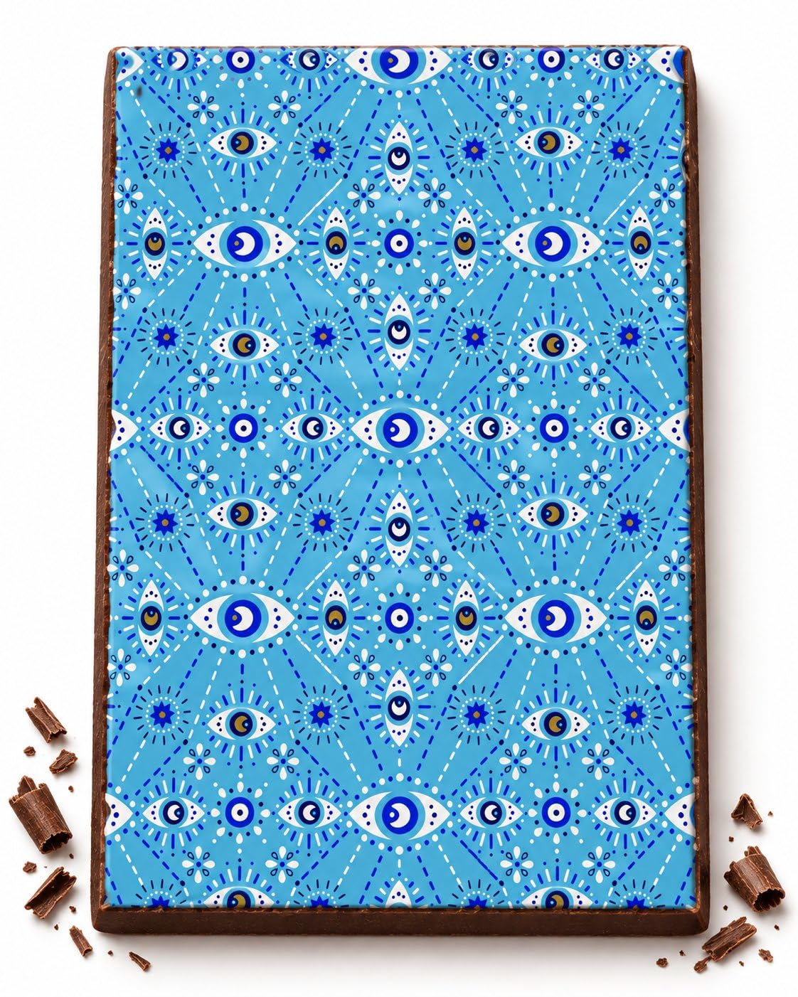 Blue Evil Eye Geometric Pattern Edible Chocolate Transfer Sheet, by Party Poppin Cake Toppin. (1 Count)