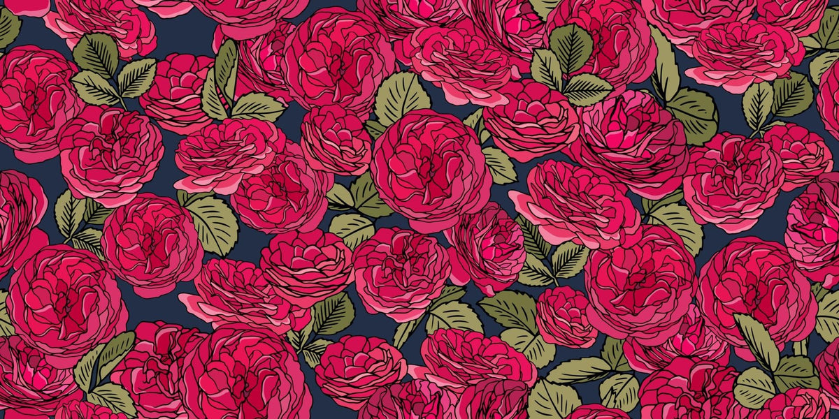 Deep Pink Roses and Olive Leaves on Navy Pattern Edible Image Cake Border Strips, by Party Poppin Cake Toppin. (1 Count)