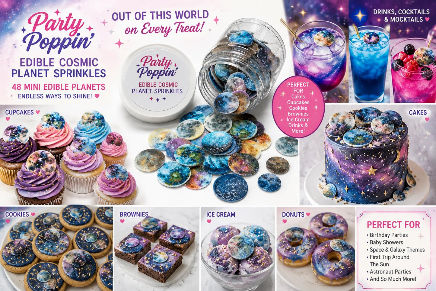 Party Poppin Cake Toppin' Miniature (0.5") Edible Wafer Paper Planets for Cakes, Cookies, Drinks, Cupcakes & More! Perfect for Outer Space Galaxy themes!