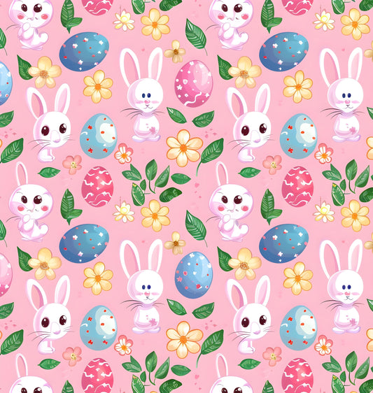 Easter Bunny, Decorated Eggs & Floral Pink Pattern Edible Image Photo Cake Topper For Quarter Sheet Cake