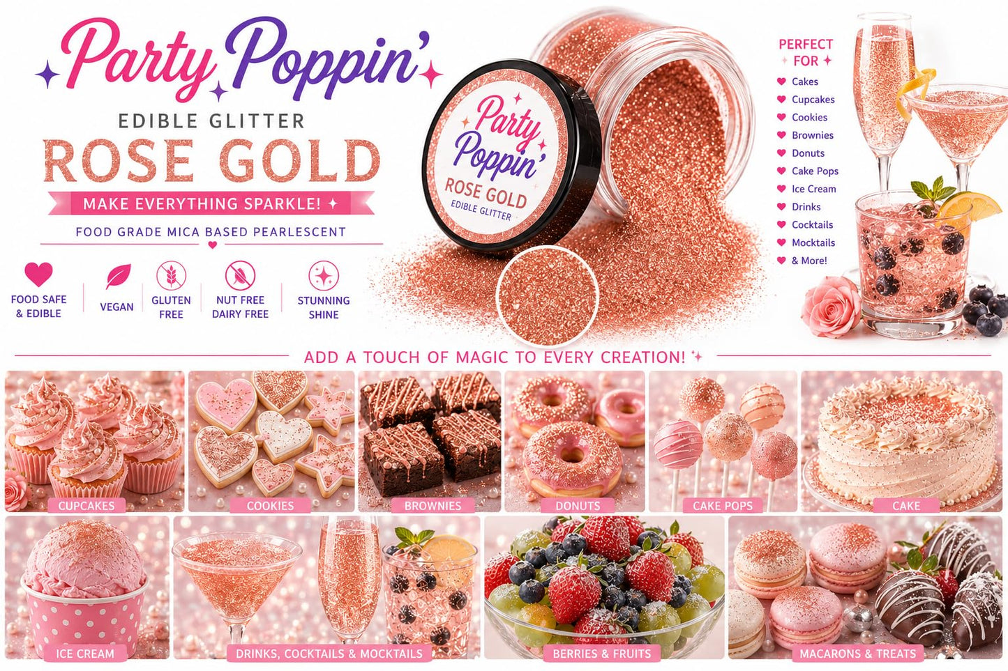 Party Poppin Cake Toppin Peachy Rose Gold Edible Glitter – Food Grade Edible Glitter for Cakes, Cupcakes & Drinks – Peach Rose Gold – 5 Gram Pot with Tear Drop Lid