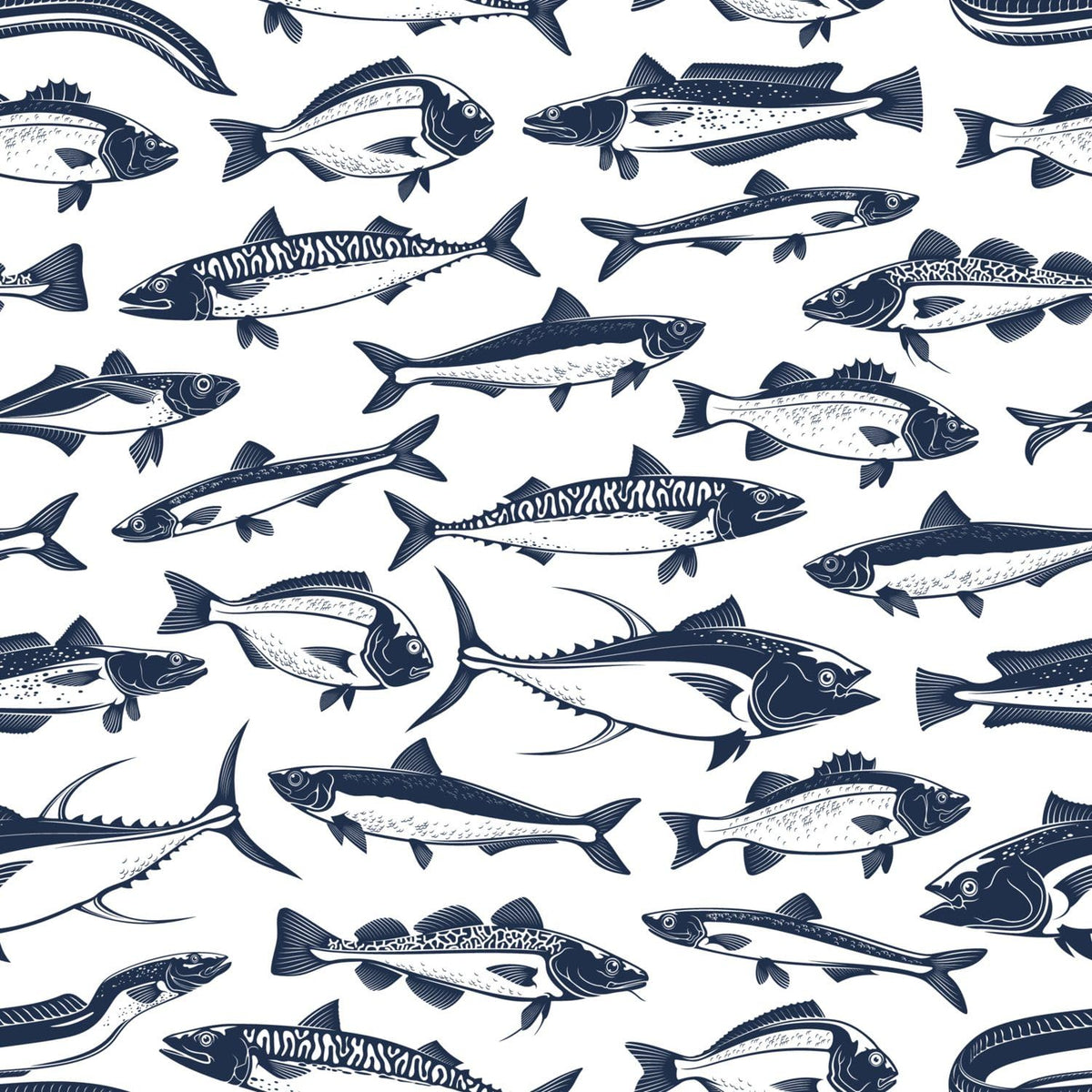 Navy Fish on White Pattern Edible Chocolate Transfer Sheet, by Party Poppin Cake Toppin. (1 Count)