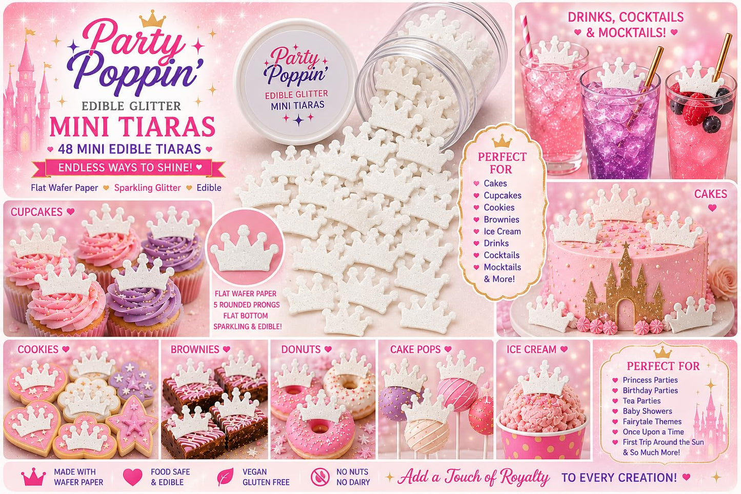 Party Poppin Cake Toppin' Miniature (0.5") Edible Wafer Paper White Sparkly Tiara Crowns for Cakes, Cookies, Drink Rims, Cupcakes & More! Perfect for your Princess Parties