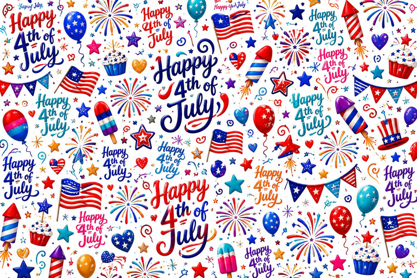 Festive Happy 4th of July with Fireworks, USA Flag, Red, White & Blue Pattern Edible Image Photo Cake Topper For Half Sheet Cake