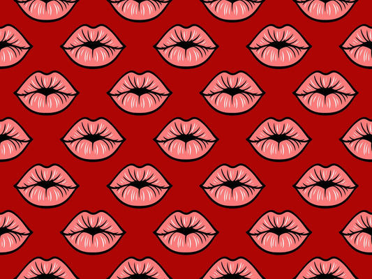 Pink Kissy Lips With Red Background Pattern On Edible Image Chocolate Transfer Sheet. Apply To Your Custom Chocolate Treats