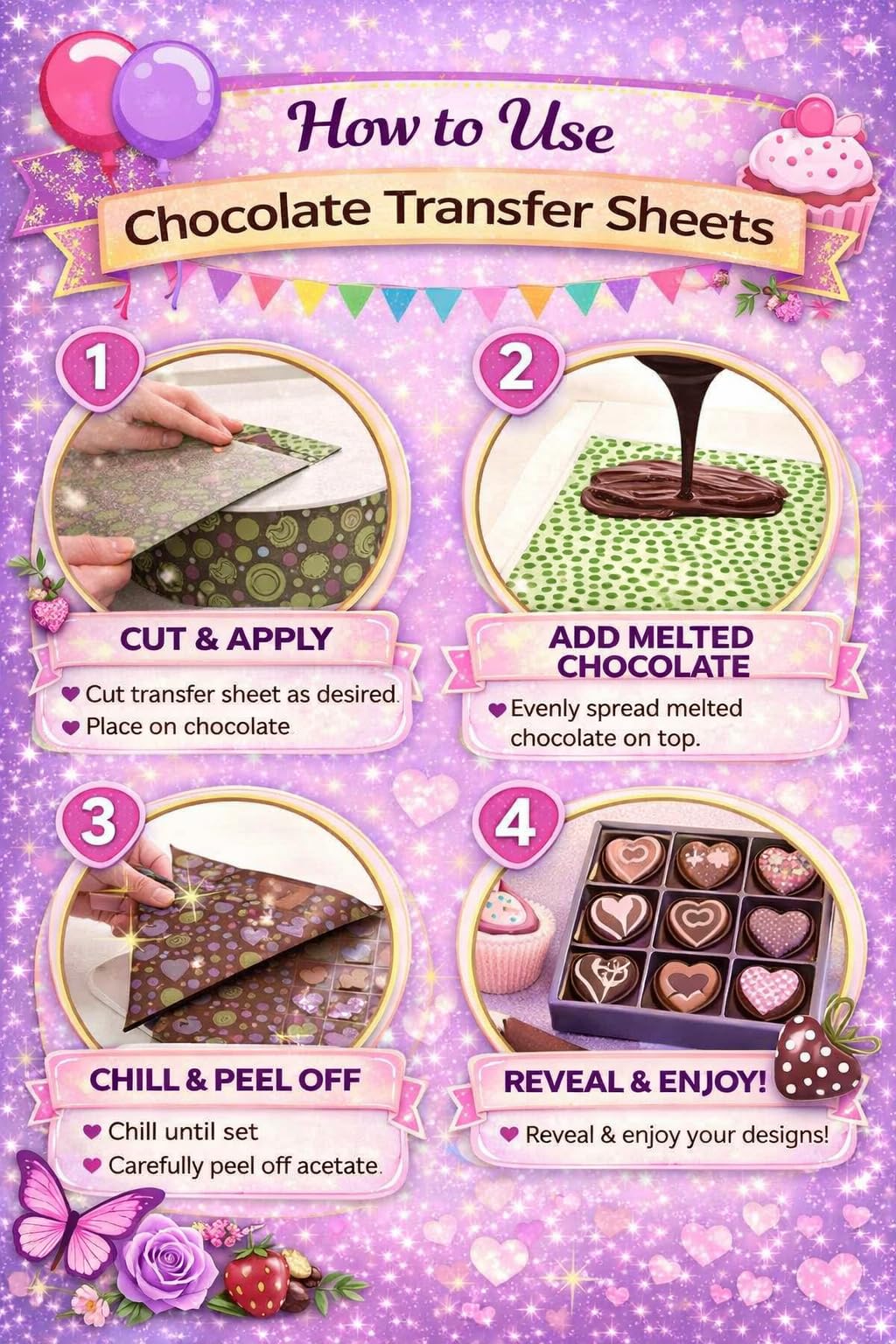 New Year Celebration Bells, Presents, Glasses & Confetti Pattern On Edible Image Chocolate Transfer Sheet. Apply To Your Custom Chocolate Treats