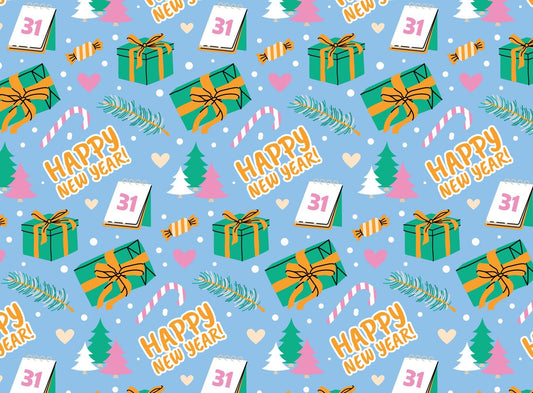 Happy New Years Eve Candy Cane, December 31, Presents Celebration Pattern On Edible Image Chocolate Transfer Sheet. Apply To Your Custom Chocolate Treats