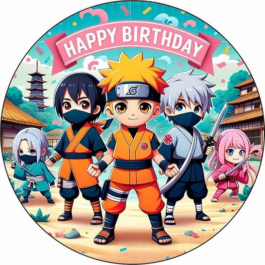 9.5" Pre-Cut Round Ninja Happy Birthay Edible Image Cake Topper By TNCT