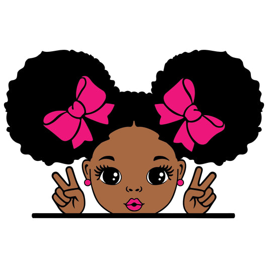 Cartoon African American Girl with Pink Lipstick, Earrings & Pink Bows in Hair Doing Peace Signs Edible Icing Image Cake Topper, by Tnct.