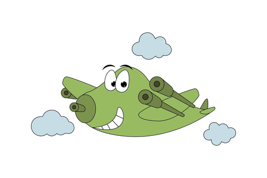 Cartoon Green Airplane Flying in the Sky Theme Birthday Edible Icing Image Cake Topper, by Tnct.