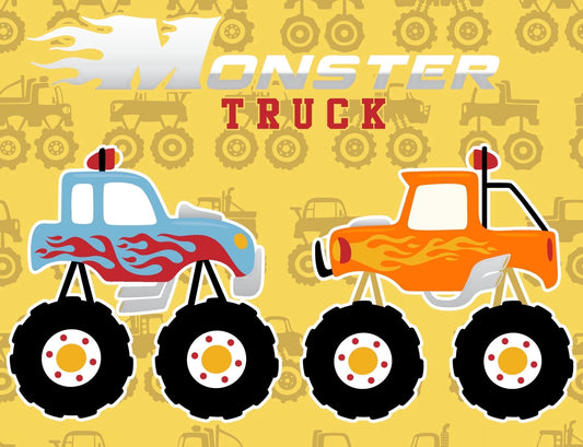 Cartoon Monster Truck Themed Birthday Orange & Blue Trucks with Flames Edible Icing Image Cake Topper, by Tnct.