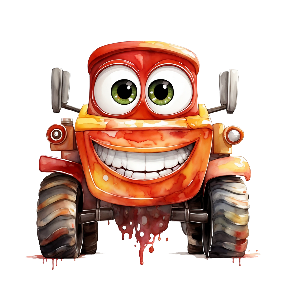 Cartoon Orange Truck with Green Eyes, Smiling Birthday Edible Icing Image Cake Topper, by Tnct.