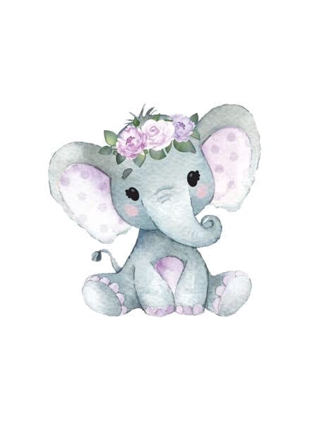 Cute Baby Elephant with Purple Flowers Edible Icing Image Cake Topper, by Tnct.