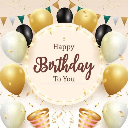 Happy Birthday to you with Balloons & Confetti Gold, Brown, White Themed Edible Icing Image Cake Topper, by Tnct.