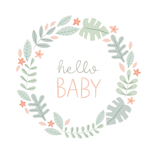 Hello Baby with Green Leaves & Peach Flowers Edible Icing Image Cake Topper, by Tnct.