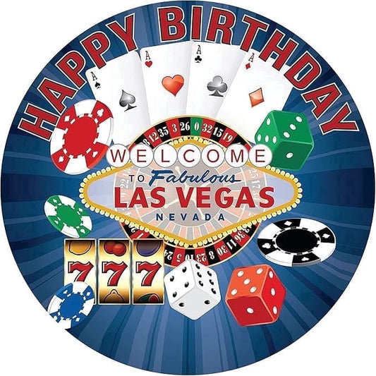 Las Vegas Poker, Slot Machine, Dice, Happy Birthday Edible Icing Image Cake Topper, by Tnct.
