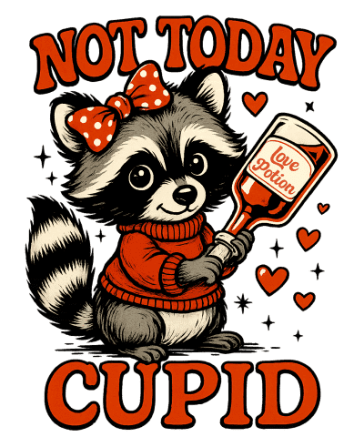 Love & Valentines Theme Raccoon Holding Love Potion Bottle - Not Today Cupid Edible Icing Image Cake Topper, by Tnct.