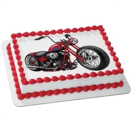 Red, Black & Chrome Ape Hanger Motorcycle Birthday Edible Icing Image Cake Topper, by Tnct.