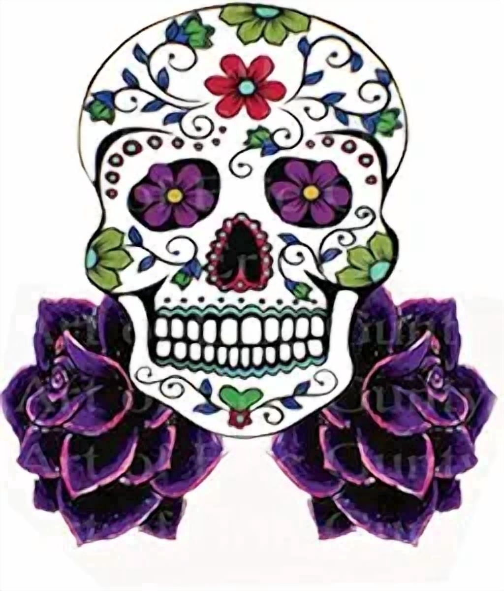 Sugar Skull with Heart & Purple Roses Edible Icing Image Cake Topper, by Tnct.